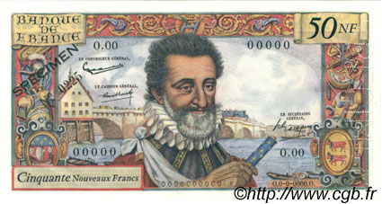 50 Nouveaux Francs HENRI IV Spécimen FRANCE  1959 F.58.01Spn AU