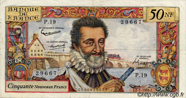 50 Nouveaux Francs HENRI IV FRANCIA  1959 F.58.02 q.BB