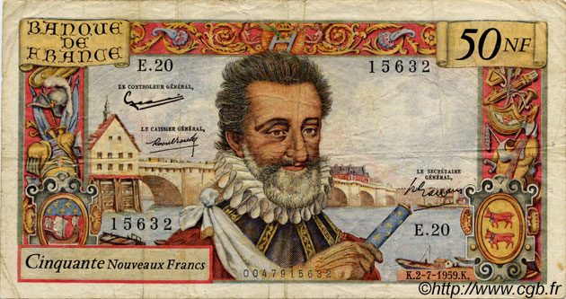 50 Nouveaux Francs HENRI IV FRANCIA  1959 F.58.02 BC