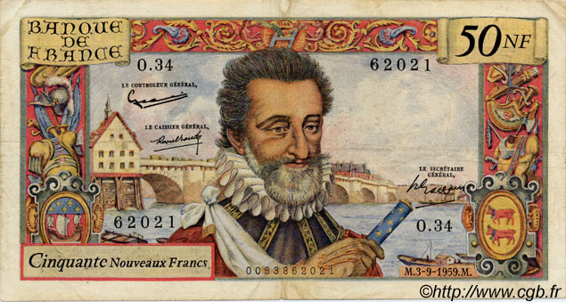 50 Nouveaux Francs HENRI IV FRANCIA  1959 F.58.03 MB a BB