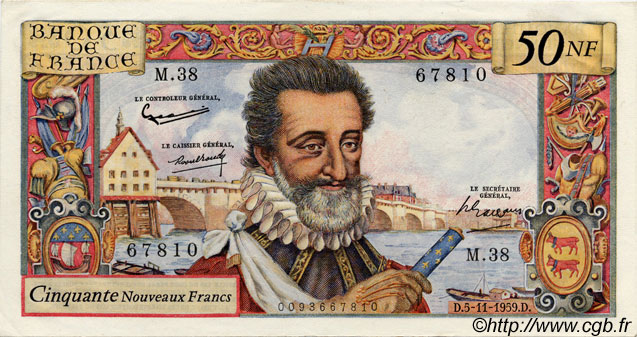 50 Nouveaux Francs HENRI IV FRANCIA  1959 F.58.04 EBC+ a SC
