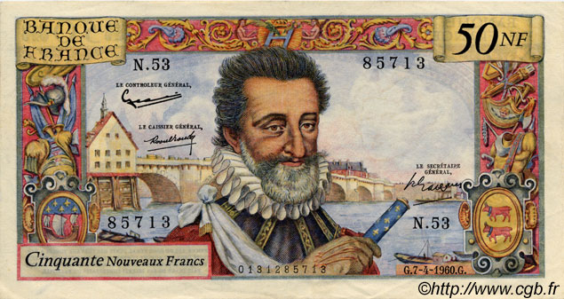 50 Nouveaux Francs HENRI IV FRANCE  1960 F.58.05 XF