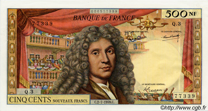 500 Nouveaux Francs MOLIÈRE FRANCE  1959 F.60.01 AU-