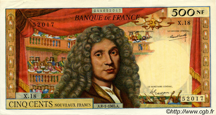 500 Nouveaux Francs MOLIÈRE FRANCE  1965 F.60.08 AU-