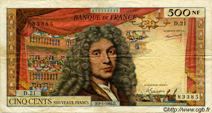 500 Nouveaux Francs MOLIÈRE FRANCIA  1965 F.60.08 q.MB