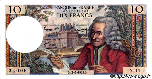 10 Francs VOLTAIRE FRANCE  1963 F.62.03 XF-