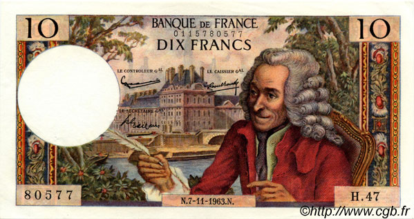 10 Francs VOLTAIRE FRANCE  1963 F.62.05 XF+
