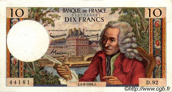 10 Francs VOLTAIRE FRANCE  1964 F.62.09 XF