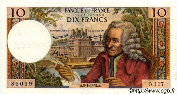 10 Francs VOLTAIRE FRANCE  1965 F.62.12 XF-