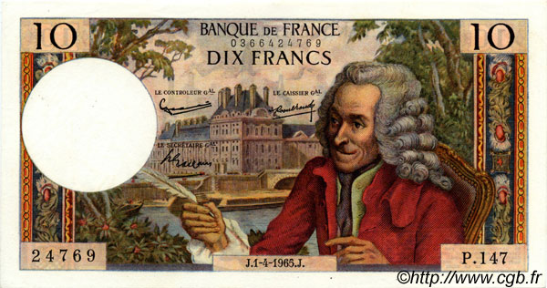 10 Francs VOLTAIRE FRANCE  1965 F.62.14 XF - AU