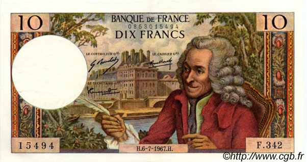 10 Francs VOLTAIRE FRANCE  1967 F.62.27 XF+