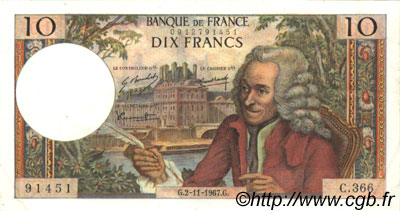 10 Francs VOLTAIRE FRANCE  1967 F.62.29 XF