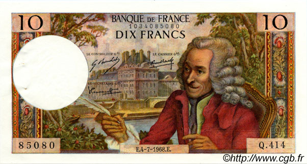 10 Francs VOLTAIRE FRANKREICH  1968 F.62.33 VZ+ to fST