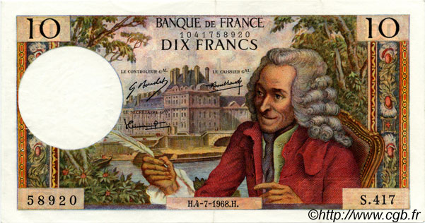 10 Francs VOLTAIRE FRANCE  1968 F.62.33 XF