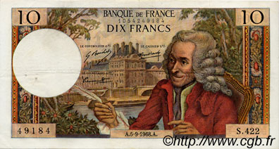 10 Francs VOLTAIRE FRANCE  1968 F.62.34 VF+