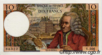 10 Francs VOLTAIRE FRANKREICH  1970 F.62.43 VZ+