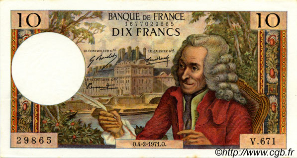 10 Francs VOLTAIRE FRANKREICH  1971 F.62.49 VZ+ to fST