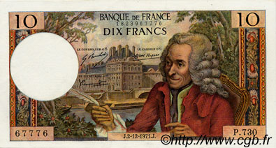 10 Francs VOLTAIRE FRANCE  1971 F.62.53 AU+