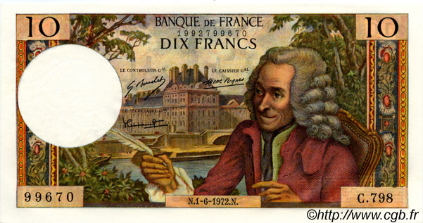 10 Francs VOLTAIRE FRANCE  1972 F.62.57 AU