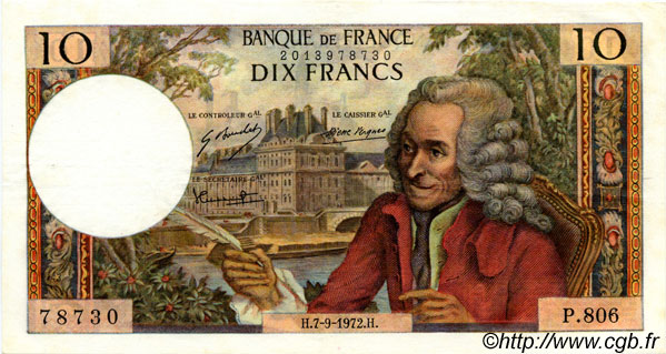 10 Francs VOLTAIRE FRANCE  1972 F.62.58 XF