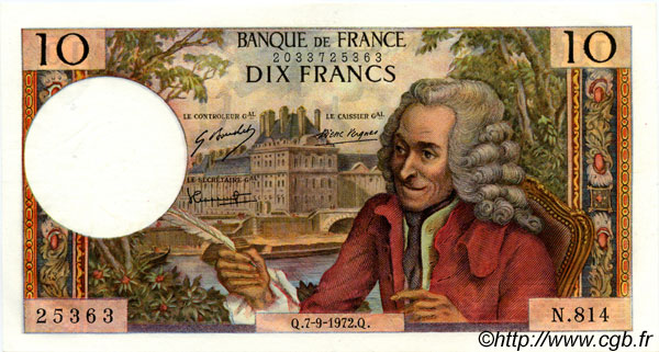 10 Francs VOLTAIRE FRANKREICH  1972 F.62.58 VZ+ to fST