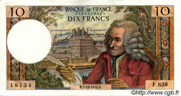 10 Francs VOLTAIRE FRANCE  1972 F.62.59 XF - AU