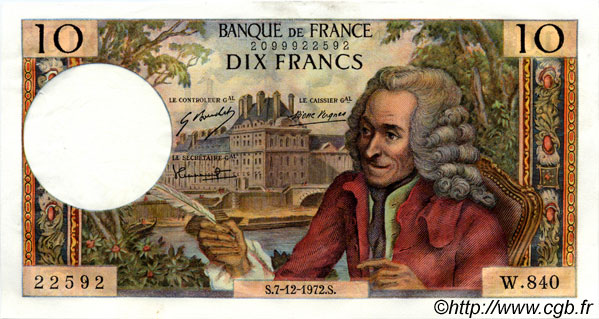 10 Francs VOLTAIRE FRANKREICH  1972 F.62.59 VZ+ to fST
