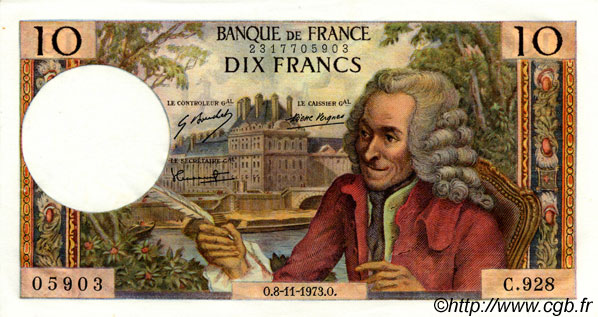 10 Francs VOLTAIRE FRANCIA  1973 F.62.64 q.AU