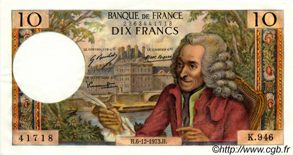 10 Francs VOLTAIRE FRANCE  1973 F.62.65 AU-