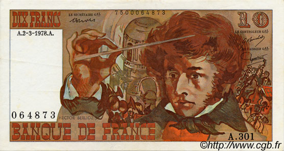 10 Francs BERLIOZ FRANCE  1972 F.63 VF