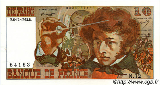 10 Francs BERLIOZ FRANCIA  1973 F.63.02 SPL a AU