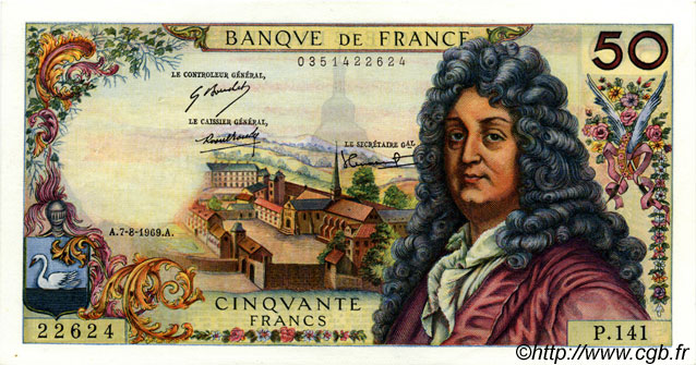 50 Francs RACINE FRANCIA  1969 F.64.14 AU
