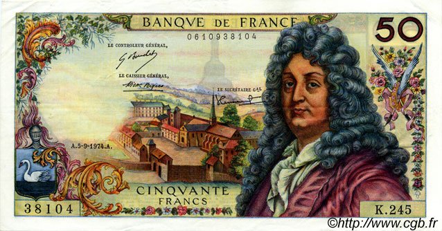 50 Francs RACINE FRANKREICH  1974 F.64.27 fVZ to VZ