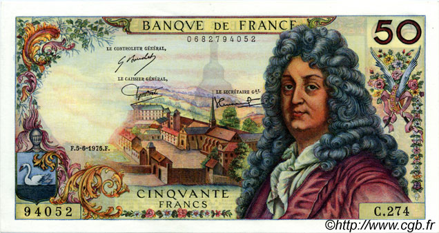 50 Francs RACINE FRANCIA  1975 F.64.30 AU+