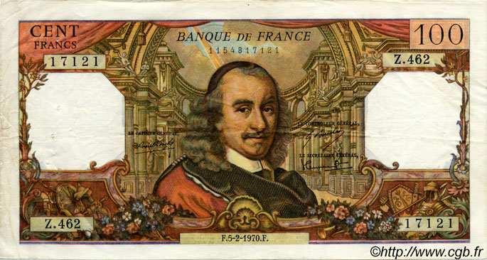 100 Francs CORNEILLE FRANCIA  1970 F.65.30 q.BB