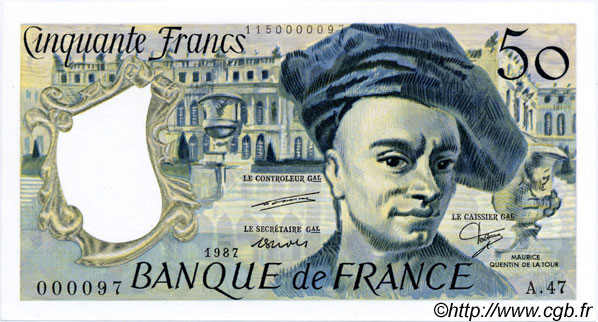 50 Francs QUENTIN DE LA TOUR Petit numéro FRANCIA  1987 F.67.13A47 FDC