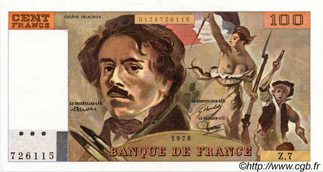 100 Francs DELACROIX modifié FRANCE  1978 F.69.01d AU