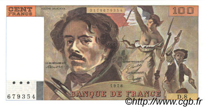 100 Francs DELACROIX modifié FRANCE  1978 F.69.01e UNC-