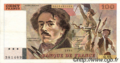 100 Francs DELACROIX modifié Fauté FRANCIA  1984 F.69.08b MBC