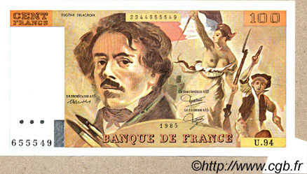 100 Francs DELACROIX modifié Fauté FRANCE  1985 F.69.09 SUP