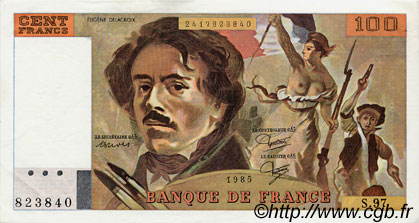 100 Francs DELACROIX modifié FRANCE  1985 F.69.09 AU+