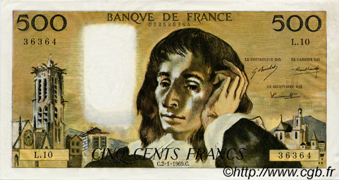 500 Francs PASCAL FRANCIA  1969 F.71.03 SPL a AU
