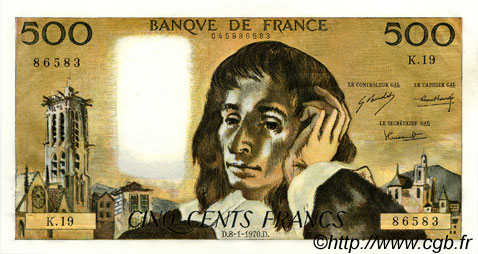 500 Francs PASCAL FRANKREICH  1970 F.71.05 fST