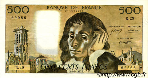 500 Francs PASCAL FRANCE  1972 F.71.08 XF