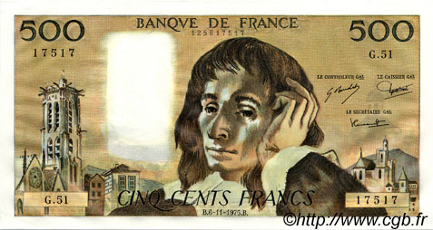 500 Francs PASCAL FRANCIA  1975 F.71.13 FDC