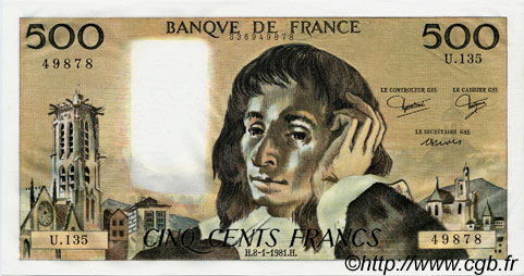 500 Francs PASCAL FRANCE  1981 F.71.23 UNC-