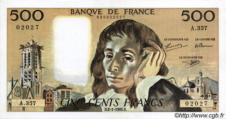 500 Francs PASCAL Fauté FRANCIA  1992 F.71.49 SC+