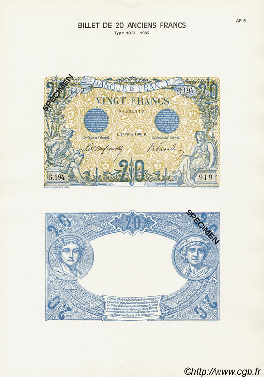 20 Francs BLEU Planche FRANCIA  1975 F.10pl FDC