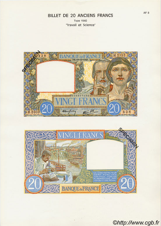 20 Francs TRAVAIL ET SCIENCE Planche FRANCE  1975 F.12pl UNC