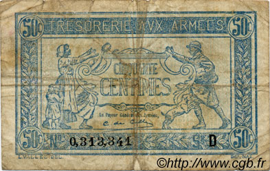 50 Centimes TRÉSORERIE AUX ARMÉES 1917 FRANCIA  1917 VF.01.04 RC a BC